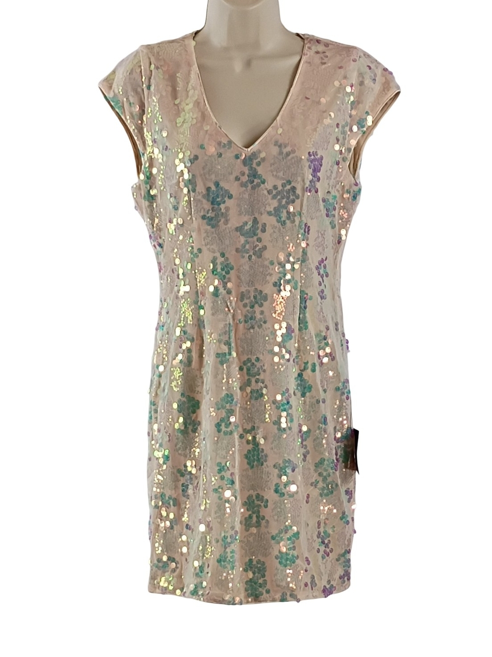 Lulu's Ivory Sequin V-Neck Shift Dress with Iridescent Accents
